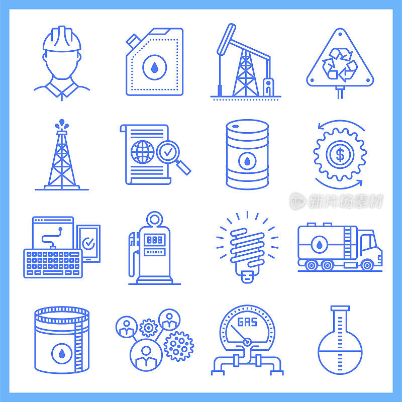 Oil Industry & Government Strategy Blueprint Style Vector Icon Set